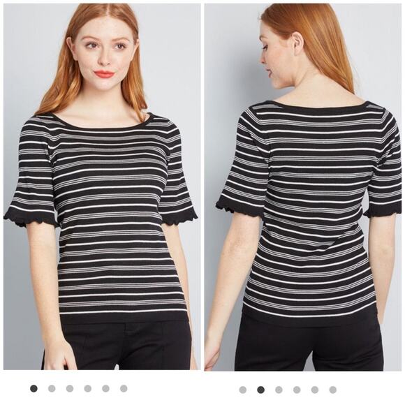ModCloth And Some Ruffle Knit Top Stripe NWOT Size XXS Half Sleeve Black White - Picture 1 of 8
